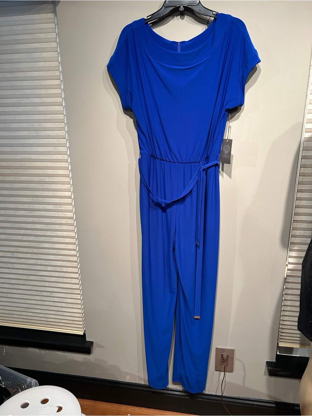 Vince Camuto Cobalt Blue Short-Sleeve Jumpsuit with Waist Tie